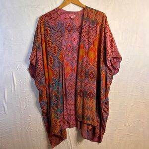 Tianello Zen Robe Size S 100% Silk Open Front Kimono Cape Boho Aztec Sheer USA